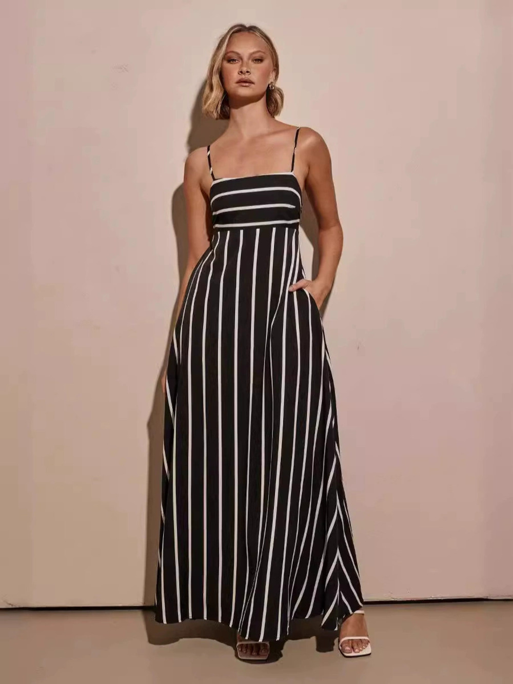 Zara Casual Striped Spaghetti Strap Backless Flared Sundress with Pockets